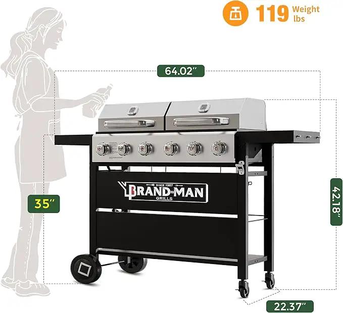 Brand-Man Griddle Grill Combo 6-Burner, 2 in 1 Versatile Propane Gas Grill and Griddle with Double Stainless Steel Lids, BBQ Combo for Outdoor Kitchen & Backyard Barbecue Cooking by GreenHaven Gardens