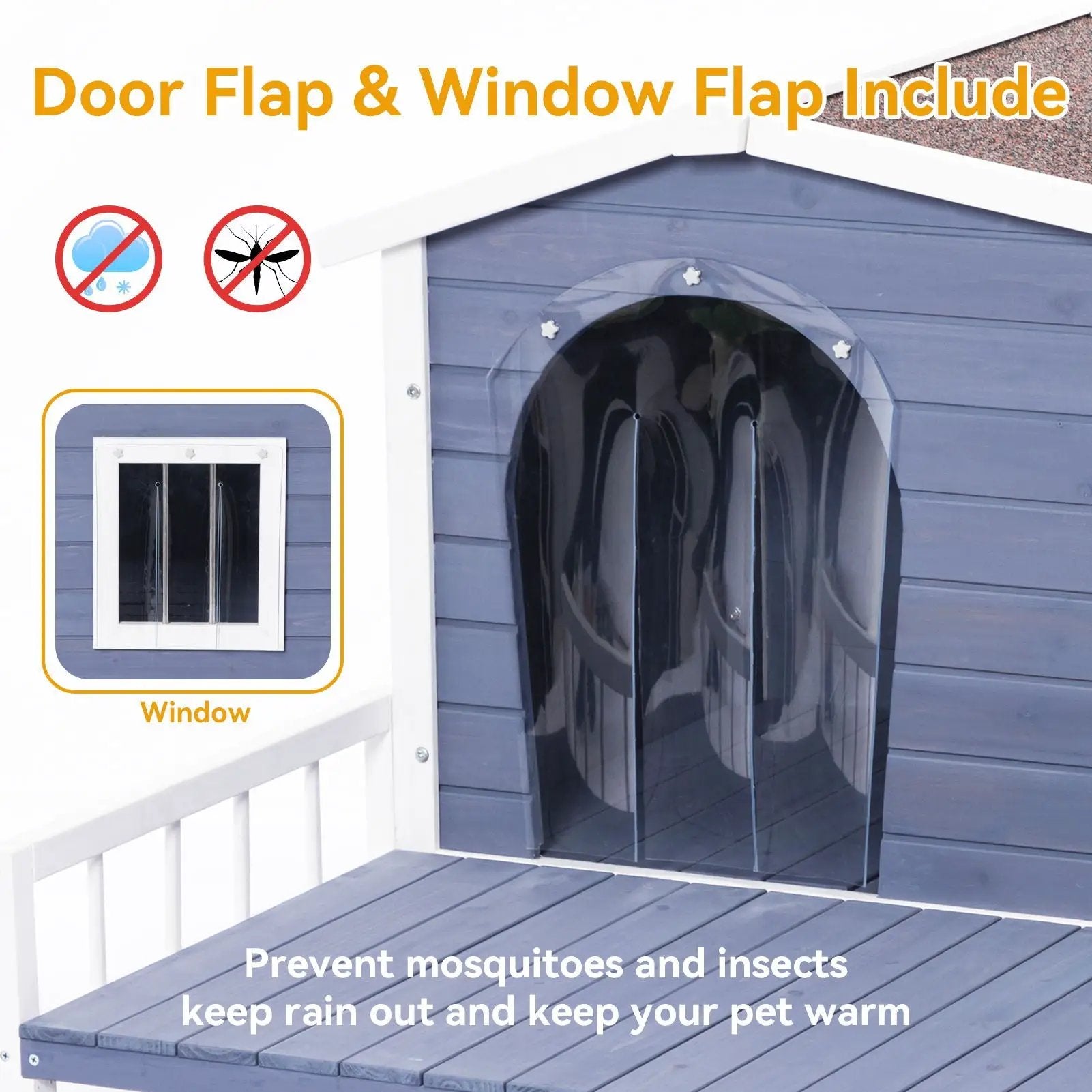 Large Wooden Dog House Indoor Outdoor With Terrace And Open Waterproof Asphalt Roof, Outdoor Dog House With Raised Floor, Windows And Door Curtains, Suitable For Small And Medium Dogs - Gray by HouseOfZazla