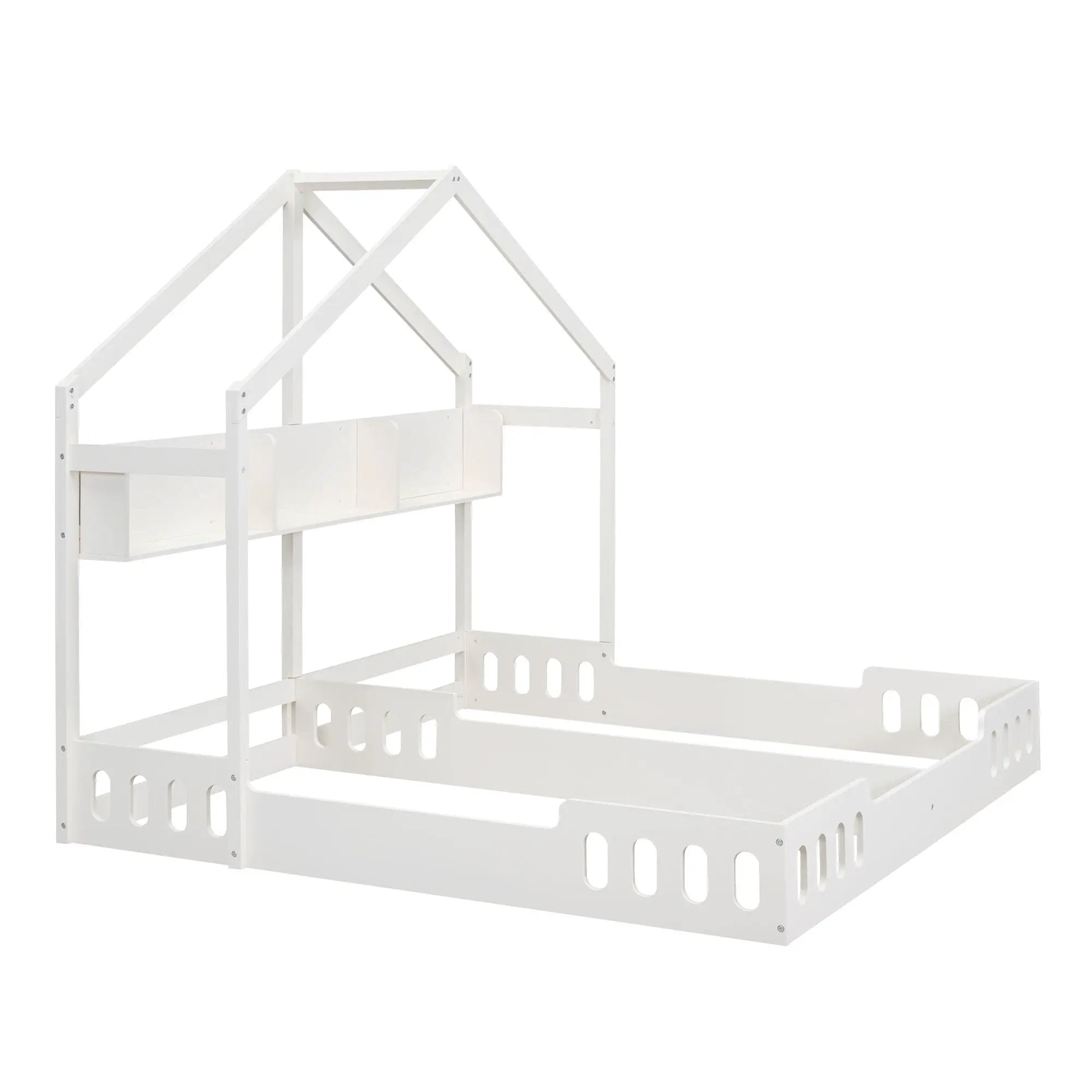 Twin Size Platform Bed With Shared Design, Guardrails, And Built In Shelves - Creamy White by Unique Piece Furniture