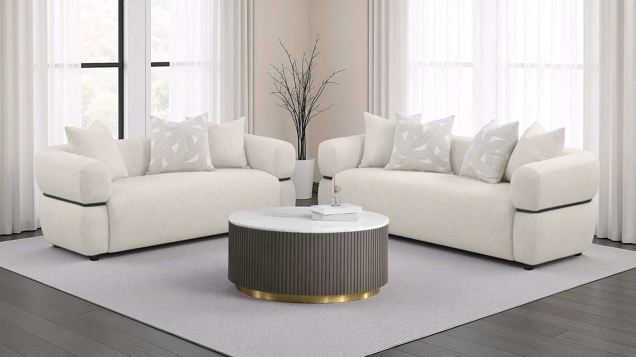 Jeanette 2-piece Fabric Upholstered Round Arm Sofa Set Beige by Unique Piece Furniture