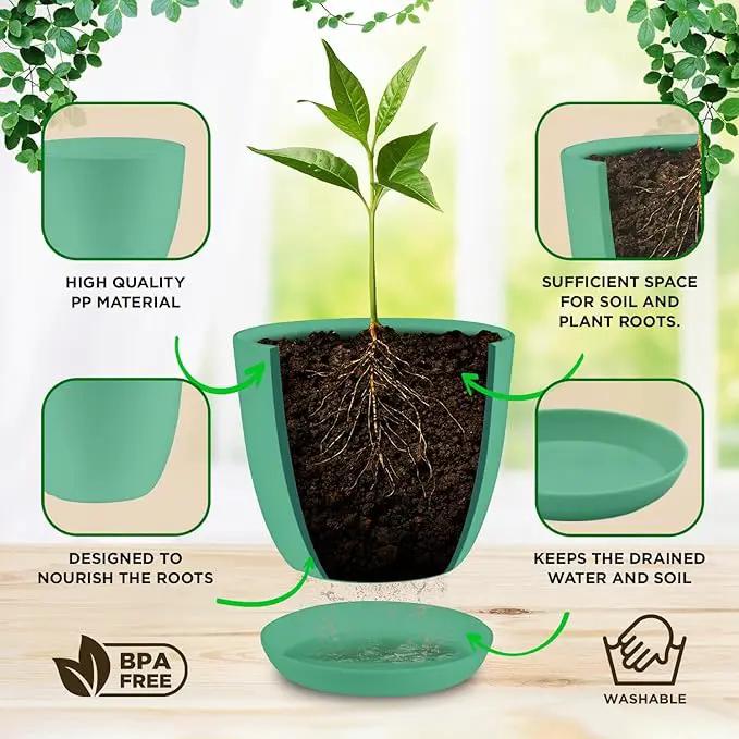 Planter Pots with Drainage Holes - Lightweight, Durable, & Space-Saving Pots for Indoor and Outdoor - Versatile Functionality, Simple Modern Design, Set of 5 Plastic Planter Pots Mint by GreenHaven Gardens