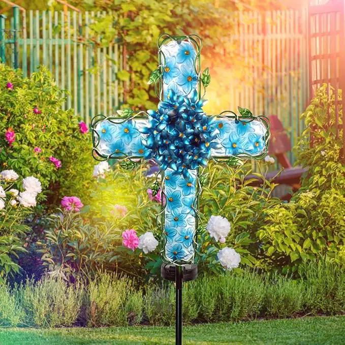 Solar Cross Garden Lights Outdoor Decorative - Solar Metal&Glass Cross Blue Hydrangea Flower Stake Lights- Waterproof 20 Warm White LED for Remembrance Gifts by GreenHaven Gardens