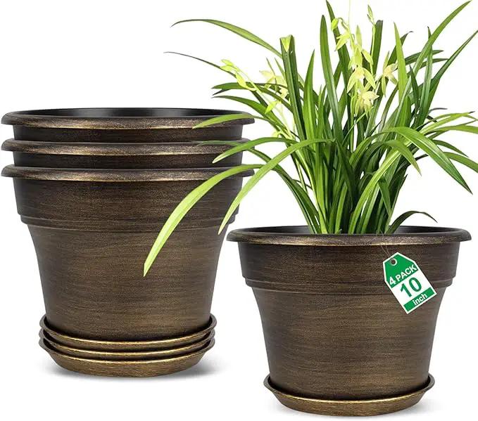 Plant Planters Pots Set of 4 Pack 10 Inch, Plastic Flower Pot for Indoor Plants with Drainage Holes & Trays, Resin Decorative Container Sets with Saucer for House Outdoor Garden Planters Dark Gold by GreenHaven Gardens