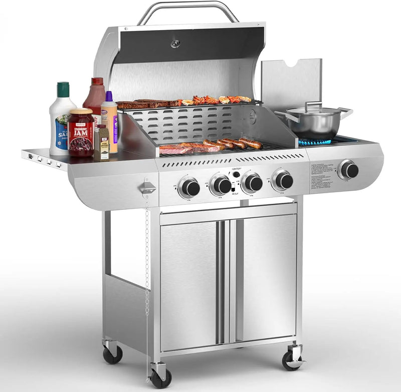 Gas Grill,Heavy-Duty Stainless Steel BBQ Grill,4 Burner Gas Grill with Side Burner,42000 BTU Propane Grill for Outdoor Cooking,Barbecue,Garden and Patio Backyard by GreenHaven Gardens