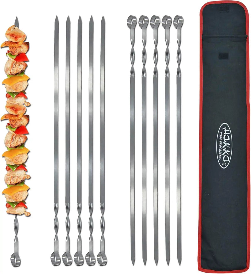 Hakka Stainless Steel Barbecue Skewers, 23" Heavy Duty Metal Skewers Large Wide Grilling Reusable Kabob Sticks with NonSlip Ring Handle,Set of 10 by GreenHaven Gardens