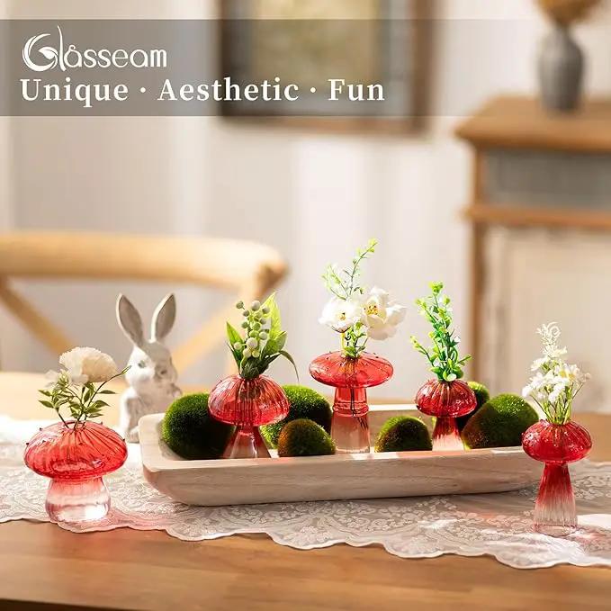 Glasseam Mushroom Plant Propagation Stations: Red Glass Terrarium Jar Set of 5 Cute Planters for Indoor Plants Decorative Propagate Station Unique Christmas Birthday Gifts for Women Home Office Decor by GreenHaven Gardens