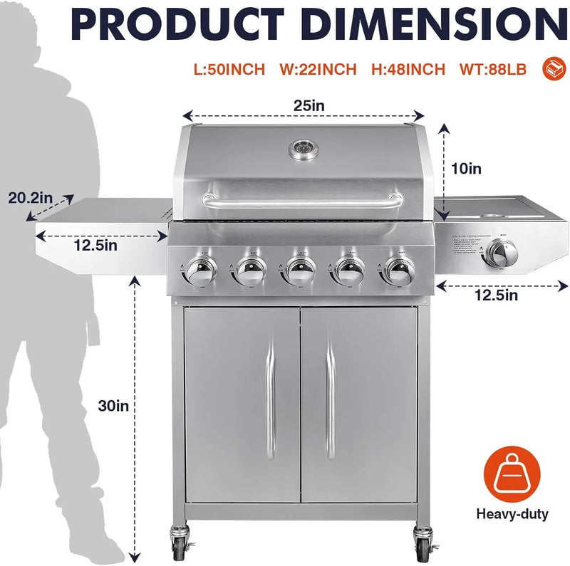 Llamaviva 5 Burner Propane Gas Grill with Side Burner,Stainless Steel BBQ Grill with Porcelain-Enameled Cast Iron Grates, 68000 BTU Cabinet-Style Cart Design for Outdoor Patio Barbecue- food clip by GreenHaven Gardens