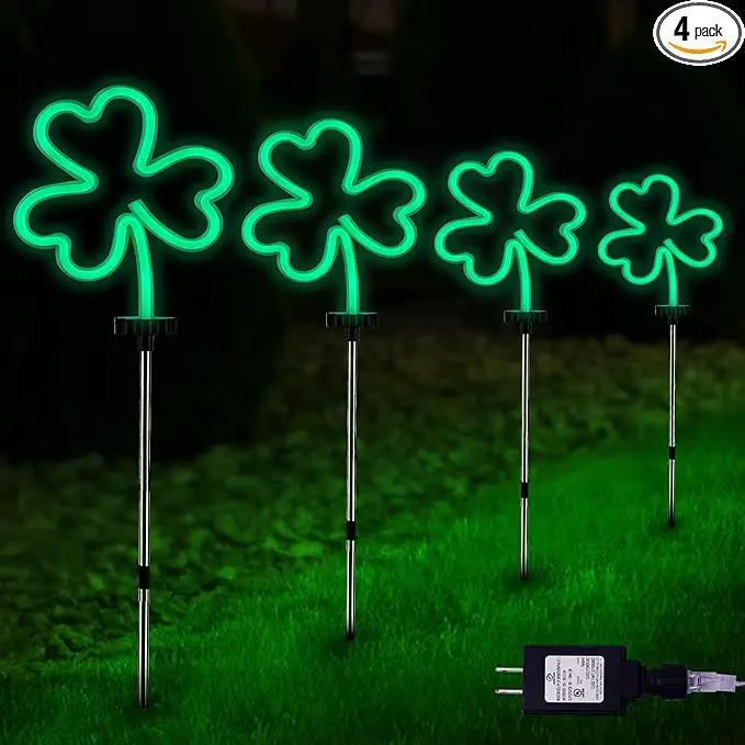 BlcTec St Patricks Day Decorations Outdoor, 4PCS Shamrock Neon Lights with Stainless Steel Stakes, Waterproof Irish Green Shamrock Pathway Lights for Yard Lawn Garden Porch Decor, Plug in by GreenHaven Gardens