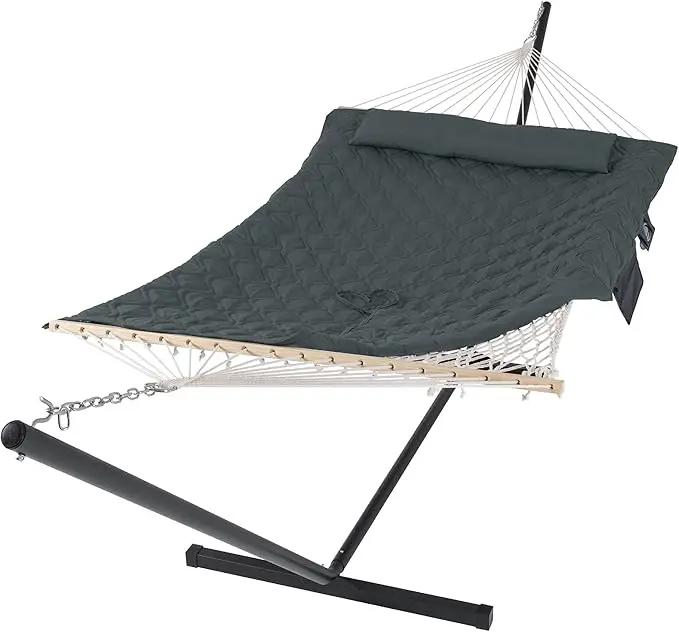 SUNCREAT Patio Portable Hammock with Stand, Outdoor Double Hammock with Stand Included, Gray Green Drops by GreenHaven Gardens