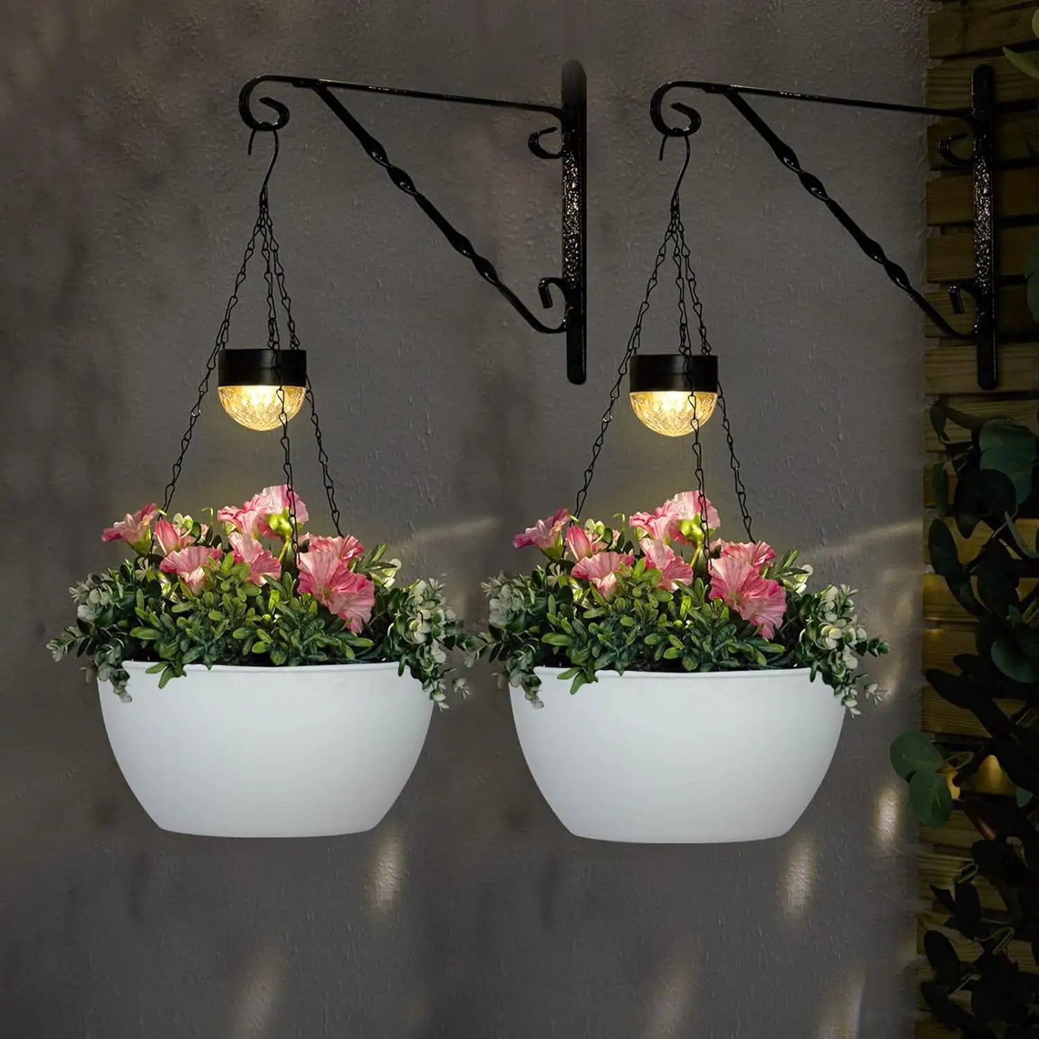 2 Packs Solar Hanging Basket Planters for Plants Outdoor, Self Watering White Flower Plants Pots with Solar Light Drainer for Balcony Patio Garden Outdoor Decoration by GreenHaven Gardens