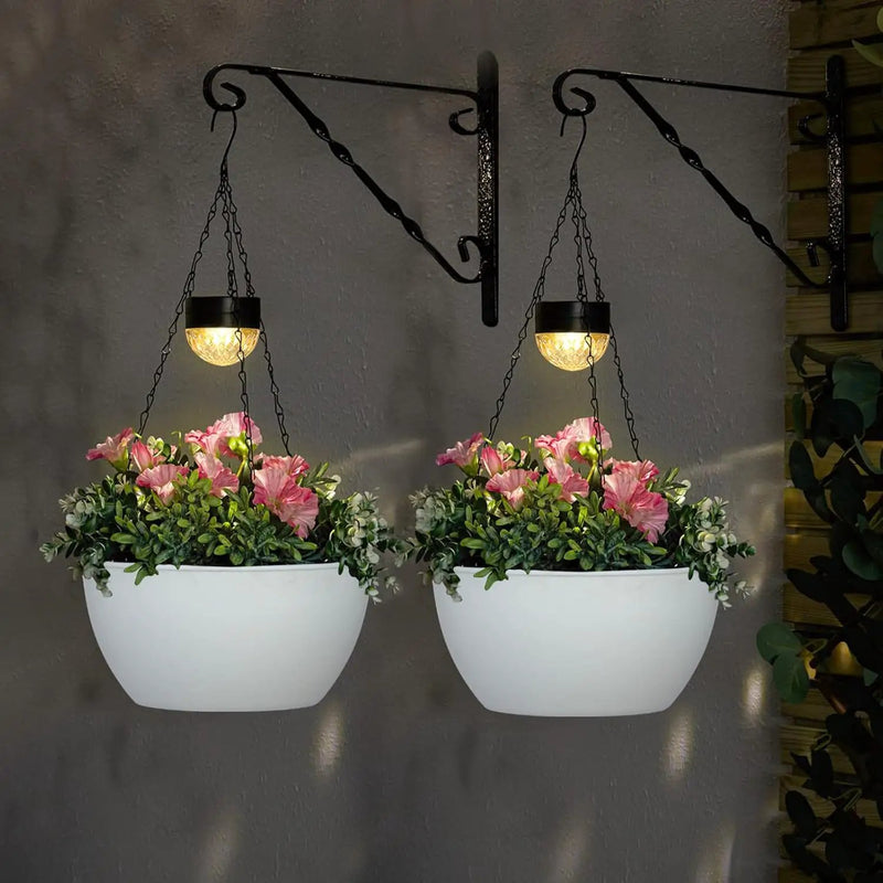 2 Packs Solar Hanging Basket Planters for Plants Outdoor, Self Watering White Flower Plants Pots with Solar Light Drainer for Balcony Patio Garden Outdoor Decoration by GreenHaven Gardens