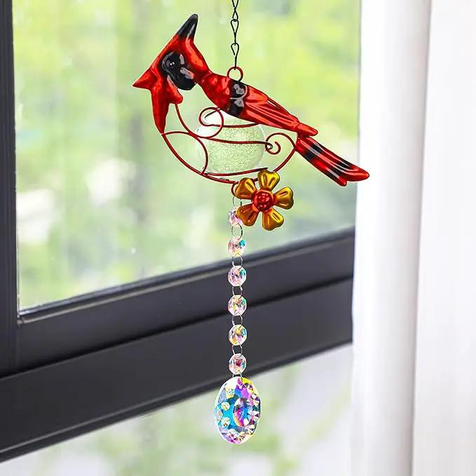 13inch Stained Metal Cardinal Birds Sun Catcher Decorative Window Hanging Ornament Crystals Prism Suncathers Red Bird for Home Garden Decor by GreenHaven Gardens