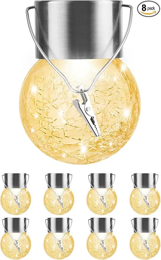 Solar Lights Outdoor Hanging Decorative Globe 8 Pack, Waterproof Solar Lantern with Handle and Clip, Solar Powered Glass Ball Lights for Garden Yard Fence Tree Umbrella Holiday Décor, Warm White by GreenHaven Gardens
