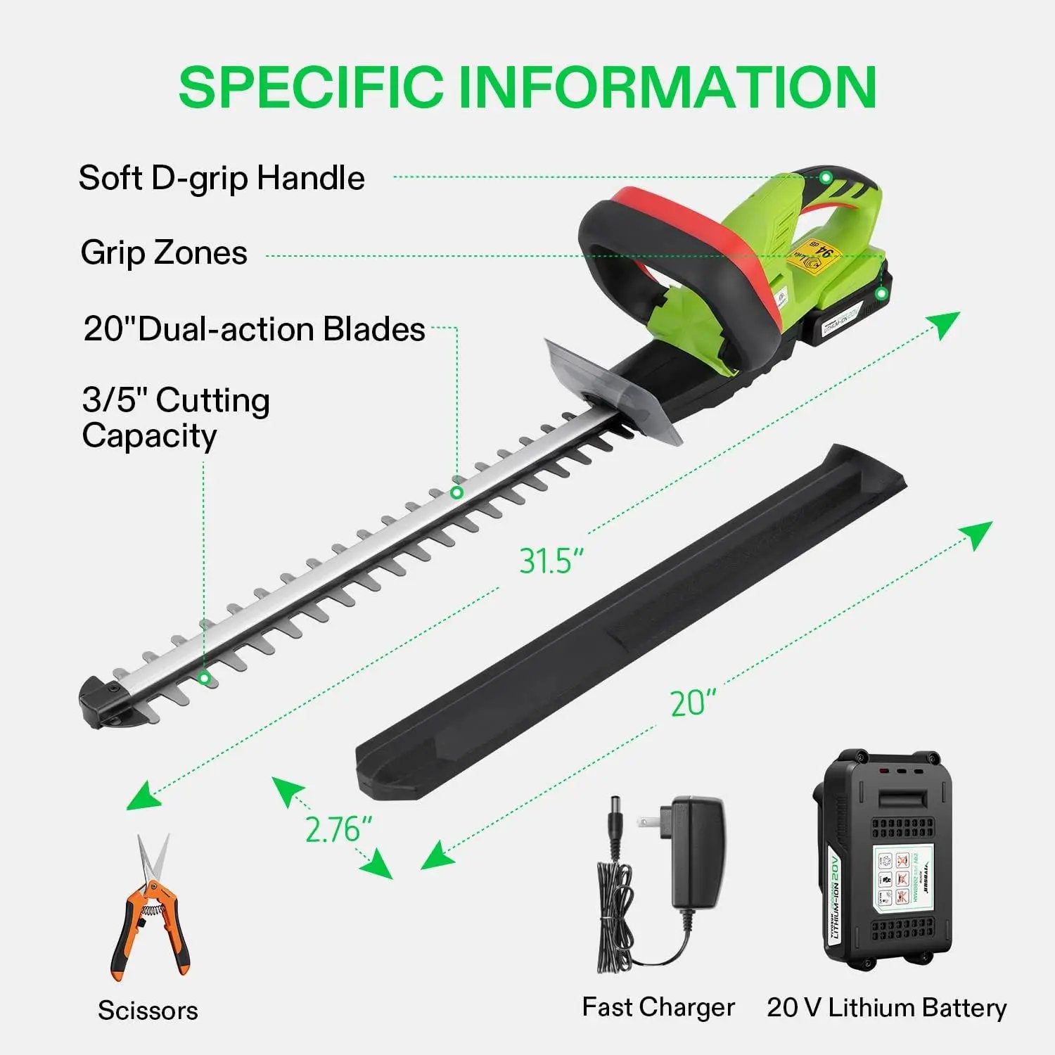 VIVOSUN 20" Cordless Hedge Trimmer, 20V Electric Bush Trimmer, 1400 RPM Shrub Trimmer, Dual-Action Laser Blade, 3/5" Cutting Capacity, Lightweight & Compact Trimmer, Battery and Fast Charger Included by GreenHaven Gardens