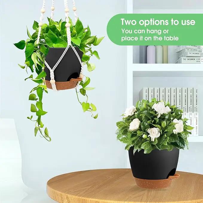 Hanging Planters for Indoor Outdoor Plants, 2 Pack Self Watering Hanging Pot with Drainage Holes, Removable Tray & 2 Kinds of Plant Hangers, 8'' Hanging Flower Pots for Home Garden Decor, Black by GreenHaven Gardens