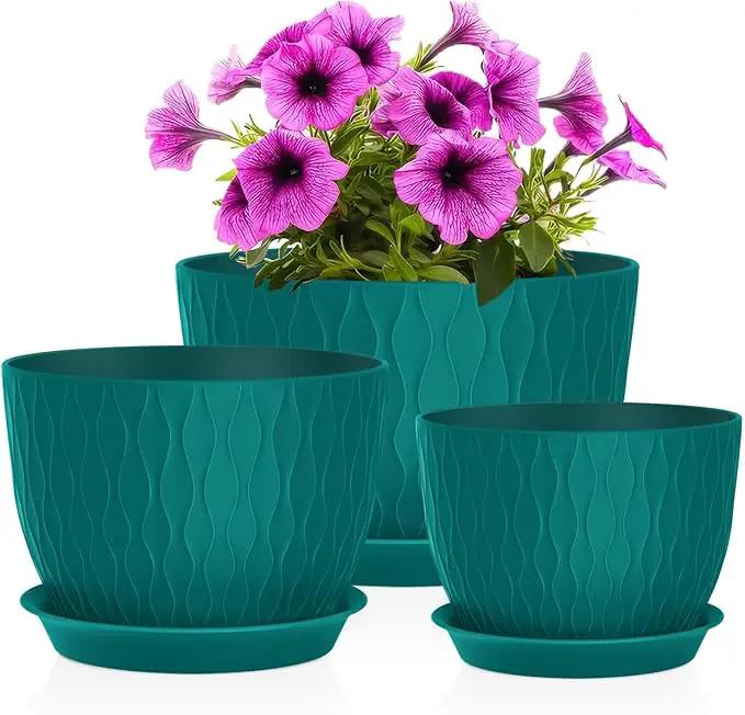 Plant Pots 12/10/9 Inch Pots, Set of 3 Plastic Planters with Drainage Holes and Saucers,Plastic Flower Pots,Nursery Planting Pot for Indoor Out Door Plants（Teal） by GreenHaven Gardens