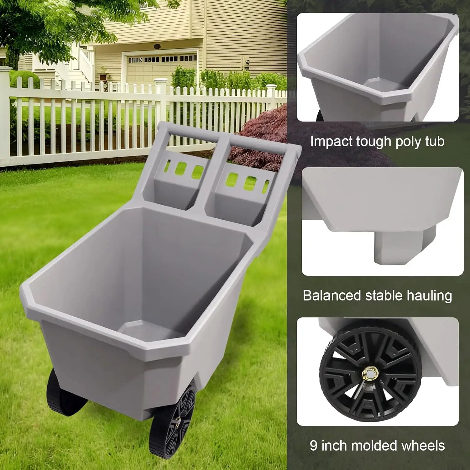AAIN Wheel Barrel, 2 Wheel Wheelbarrow. 300 LB Yard Cart with 9 in Maintenance-Free Solid Wheels, Trash Cart with Wheels, Push/Pull Design, Grey by GreenHaven Gardens