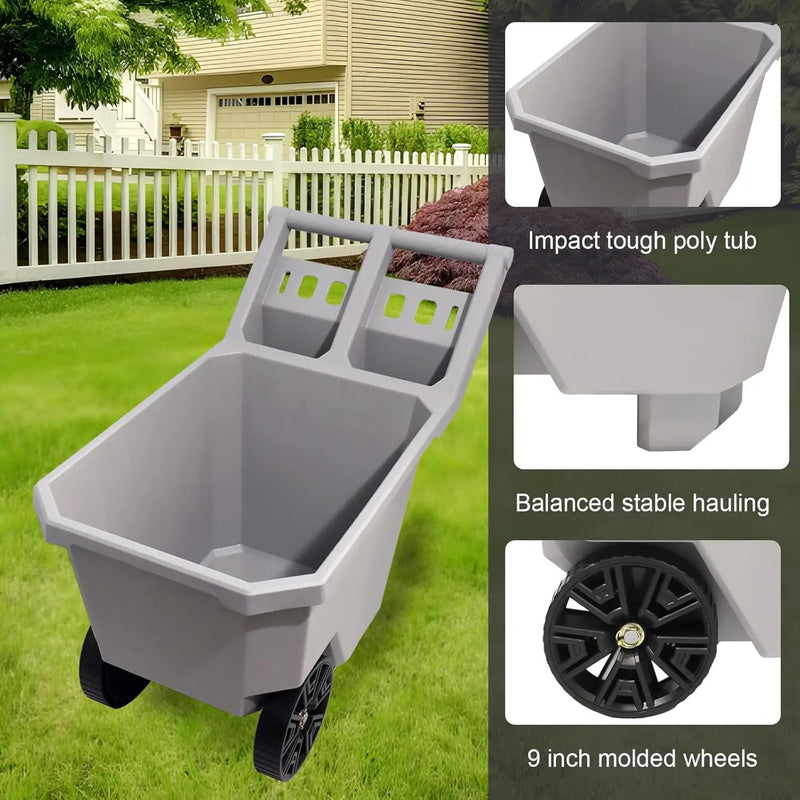 AAIN Wheel Barrel, 2 Wheel Wheelbarrow. 300 LB Yard Cart with 9 in Maintenance-Free Solid Wheels, Trash Cart with Wheels, Push/Pull Design, Grey by GreenHaven Gardens