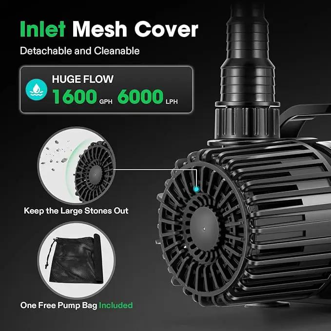 VIVOSUN 1600 GPH Submersible Water Pump with Barrier Bag, 100W Pond Pump, Ultra Quiet Aquarium Pump with 14FT. Lift Height for Pond, Waterfall, Fish Tank, Statuary, Hydroponic by GreenHaven Gardens