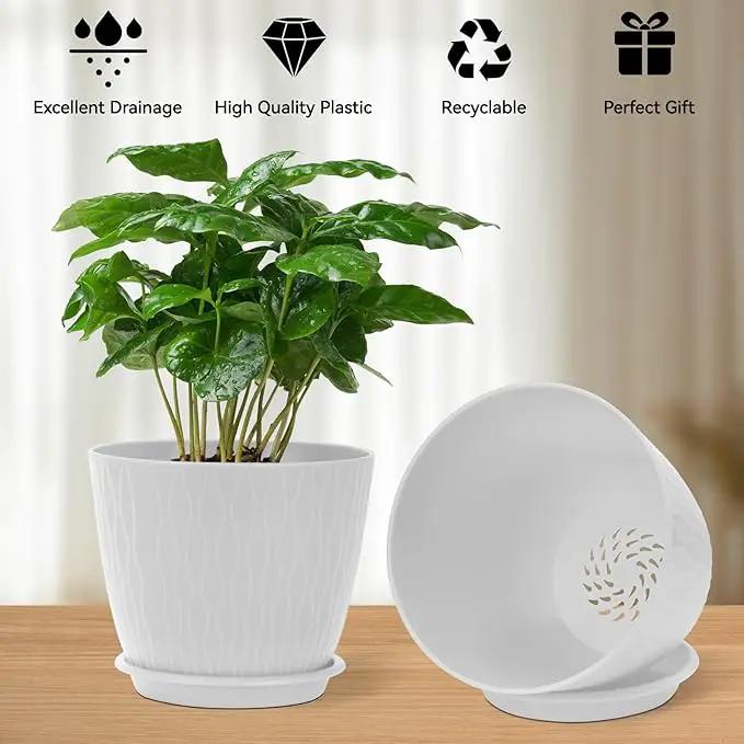 Plant Pots – 6 Inch Planters with Drainage Holes and Saucers, Flower Pots for Indoor and Outdoor Plants, Nursery Planting Pots (Pack of 5, White) by GreenHaven Gardens
