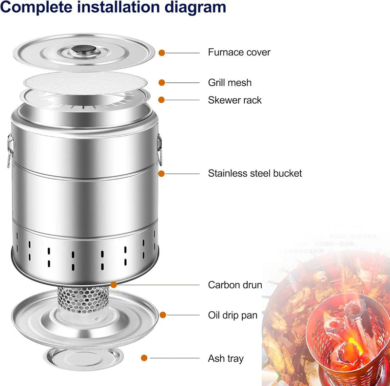 Portable Smokeless Barbecue Charcoal Barrel Grill, Stainless Steel Surround Charcoal kebab Grill with 28 Skewers and BBQ Grill Cooking Grate, Diameter 15.4 inch by GreenHaven Gardens