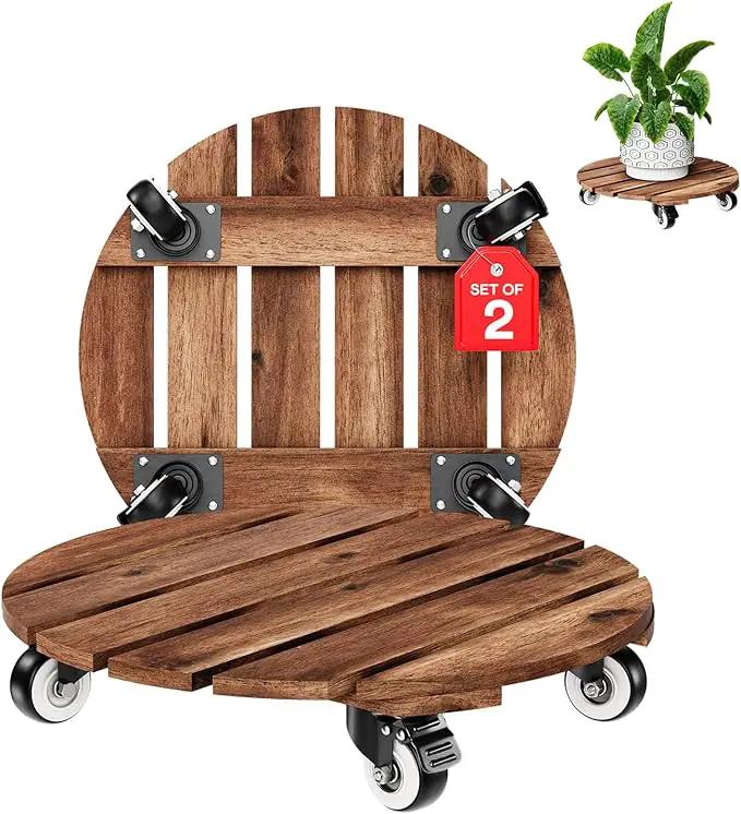 2pack Wood Plant Caddy With Wheels Heavy Duty Red Brown, 264 Lbs Capacity, 12 Inch Acacia Hardwood Plant Dolly, Plant Stand with 360° Lockable Wheels for Plant Pots, Heavy Objects Hauling by GreenHaven Gardens