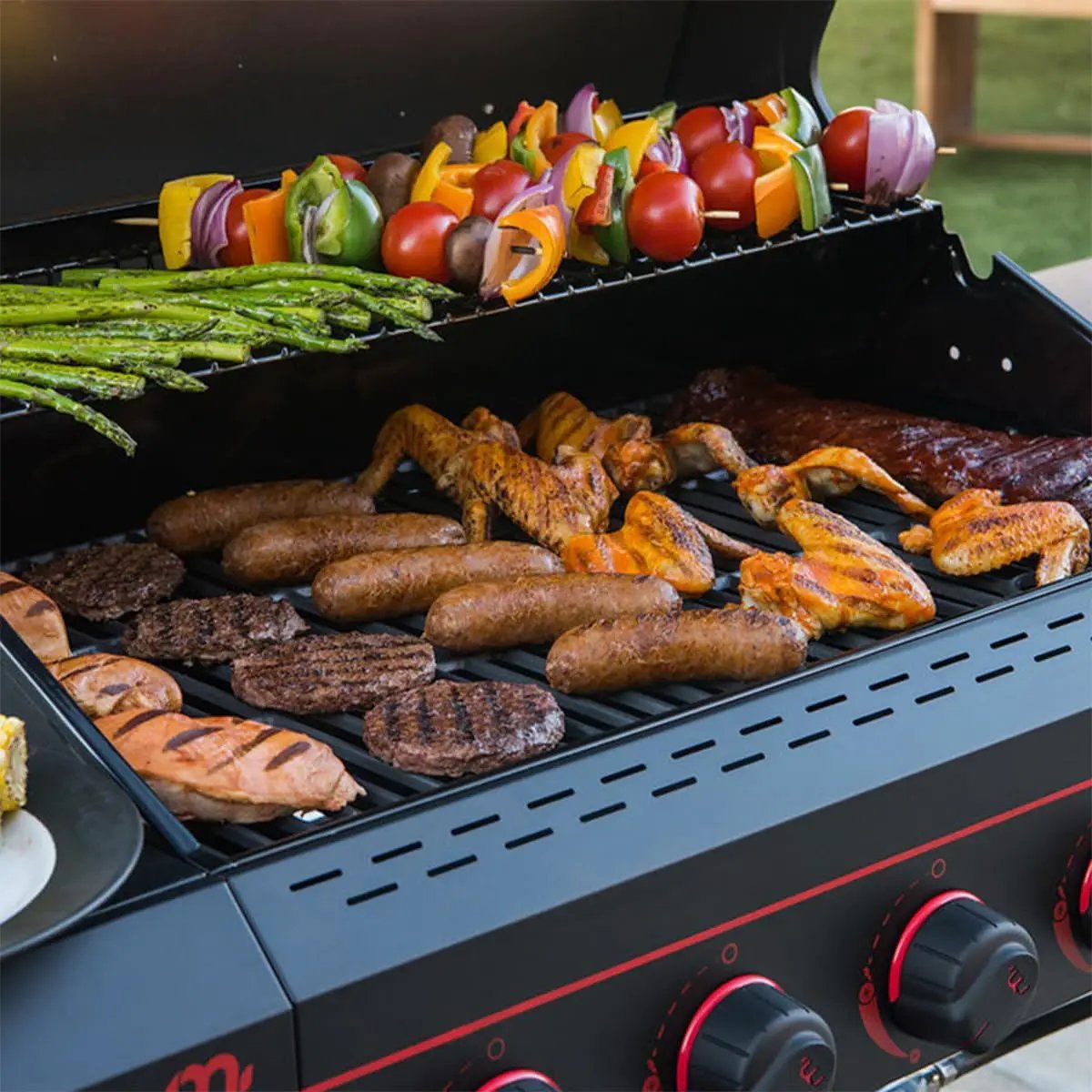 720-0982 5 Burner Propane Barbecue Gas Grill, Side Shelves with Hooks, for Outdoor Cooking, Patio, Garden Barbecue Grill, 50000 BTUs, Open Chart, Black by GreenHaven Gardens