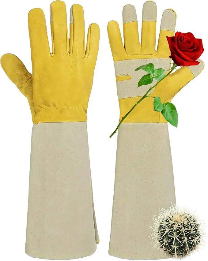 HANDLANDY Rose Pruning Gardening Gloves for Men Women, Thorn Proof Forearm Protection Leather Garden Gloves, Gardening Gifts for Gardeners (Yellow- goatskin, Small (Pack of 1)) by GreenHaven Gardens