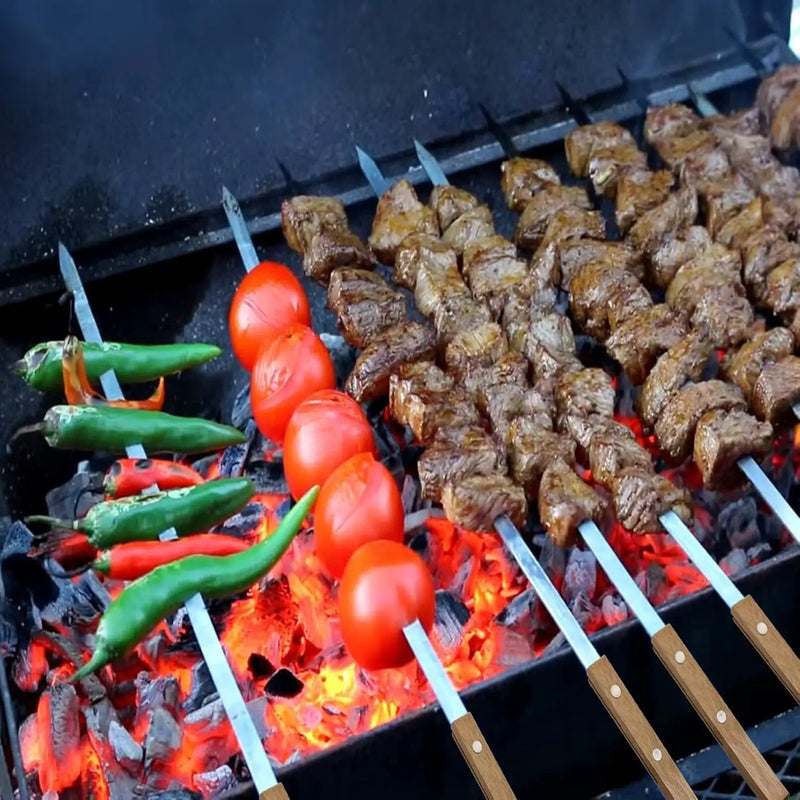 12 Pack Kebab Skewers 22 Inch Stainless Steel Grilling BBQ Skewer Reusable Barbecue Skewers Flat Stick with Wood Handle,Ideal for Koubideh Brazilian Chicken Shrimp Turkish Shish Kabob by GreenHaven Gardens