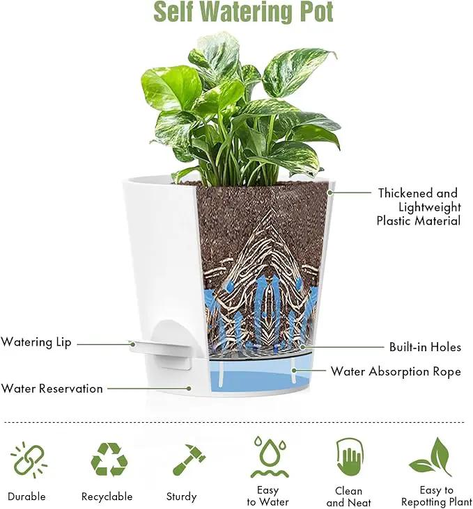 4 inch Self Watering Pots for Indoor Outdoor Plants, 6 Pack Plastic Flower Planters with Drainage Holes and Removable Saucers, Plant Pots with Wicking Rope, Modern Decor, White by GreenHaven Gardens