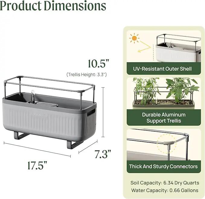 Vego garden 2 Pack Herb Indoor Plant Box, Self Watering Planters Pots for Indoor Plants with Trellis for Kitchen Window Sill or Countertop Plants Cage - Fog Gray by GreenHaven Gardens
