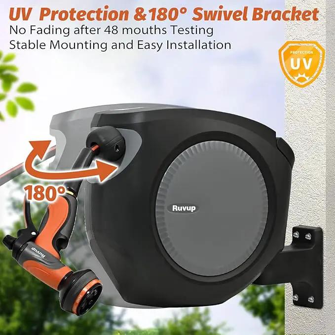 Ruvup Retractable Garden Hose Reel, 1/2in x 50ft Water Hose Reel with 10 Style Nozzle, UV Resistant Automatic Gardening Hose Reel Wall Mount for Outside, Slow Retraction Any Length Lock 180° Swivel by GreenHaven Gardens