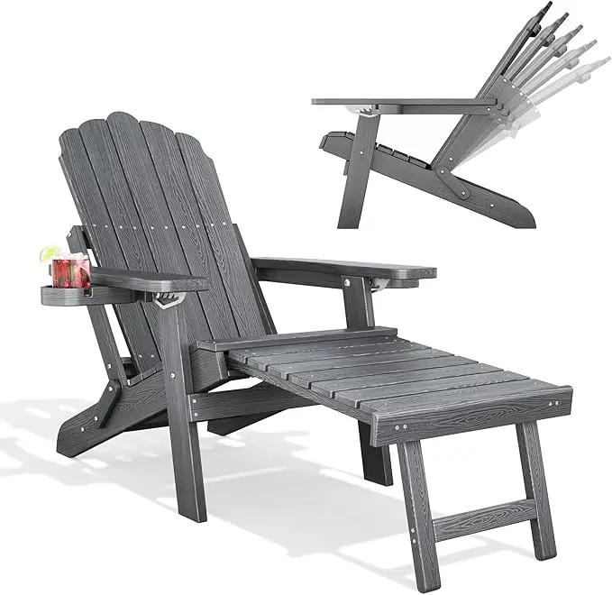 Adjustable Backrest Folding Adirondack Chair with Ottoman & 2 Cup Holders, HIPS Weather Resistant Adirondack Chair, Outdoor Fire Pit Chair for Beach, Pool, Deck, Porch, Yard, Lawn, Grey by GreenHaven Gardens