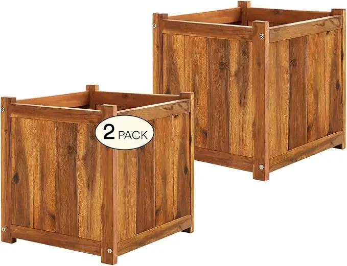 IDZO Set of 2 Acacia Wood Flower Planters for Outdoor Plants, Ergonomic Handles, Drainage Holes, Various Sizes, Ideal for Home Décor, Light Cherry by GreenHaven Gardens
