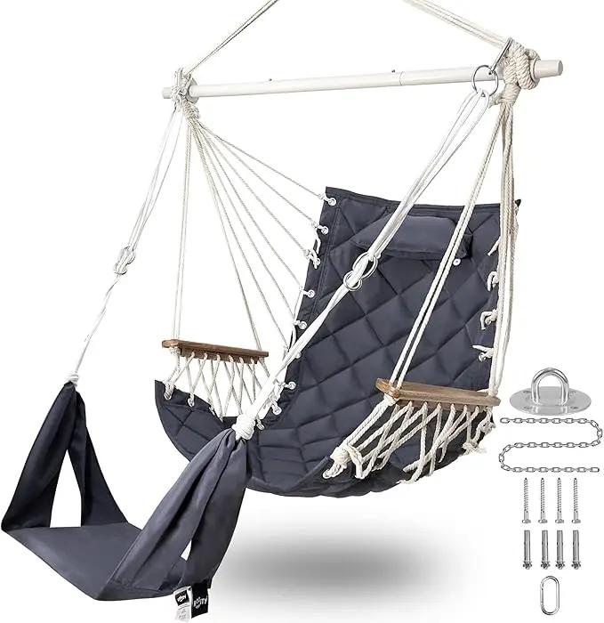 Patio Swing Chair with Adjustable Footrest & Headrest-Quilted Fabric&Steel Spreader Bar, Wooden Armrests for Porch/Garden;350lbs Capacity;Hardware kit Included Dark Grey by GreenHaven Gardens