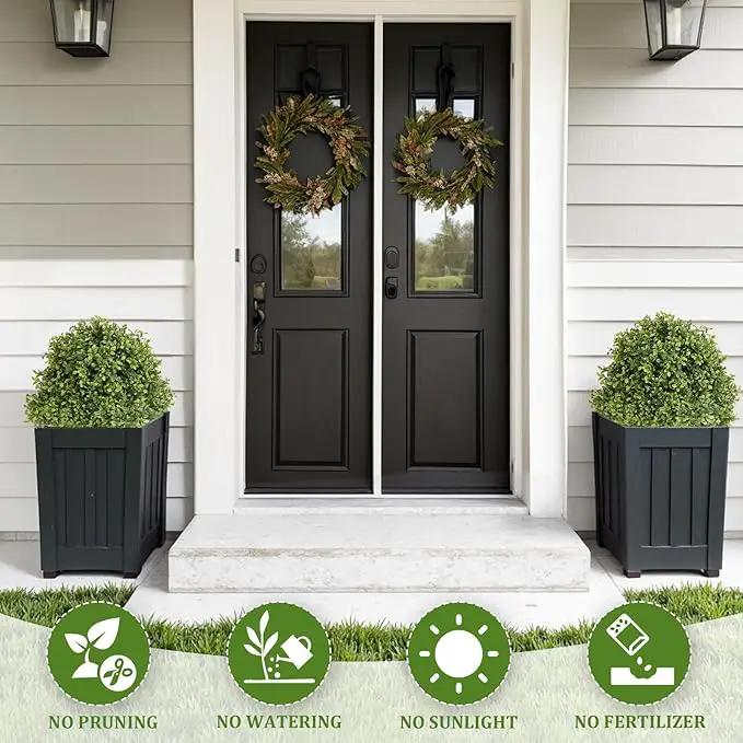 27" Tall Artificial Boxwood Ball Topiary Trees Set of 2, UV Resistant Large Faux Plants Outdoor, 2ft Fake Bushes and Shrubs Look Real with Ground Spike for Front Porch Outside Planter Backyard Decor by GreenHaven Gardens