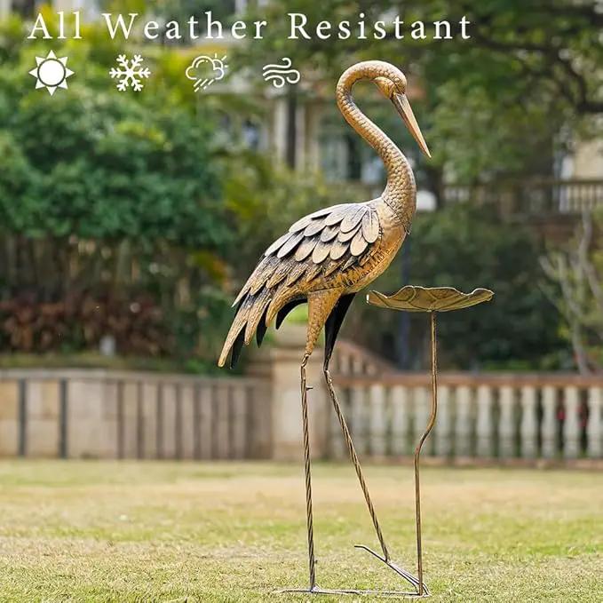 Large Heron Garden Statue, 42'' Crane Outdoor Statue with Birdbath, Crane Metal Yard Art for Porch Backyard Patio Lawn Decor (Golden) by GreenHaven Gardens