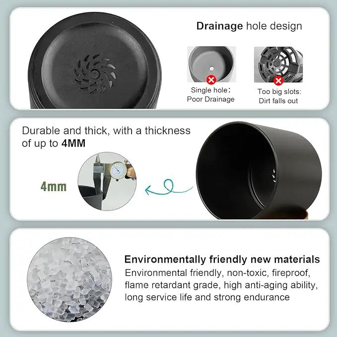 3 Pack 6/5/4 inch Cylindrical Flower Pots, Modern Small Round Plastic Plant Pots with Drainage Holes & Saucers, Clean and Refined Planter Pots for Outdoor, Indoor & Office Decor (Black Brown) by GreenHaven Gardens