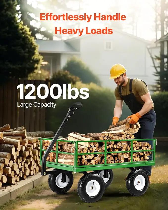 VEVOR 1200 Lbs Steel Garden Cart, Heavy Duty Pullable Garden Wagon Yard Cart, 2 in 1 Outdoor Metal Utility Wagon Yard Trailer with 13" All Terrain Tires, Mesh Removable Sides and 180°Rotating Handle by GreenHaven Gardens