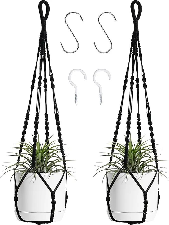 Macrame Plant Hanger Indoor Hanging with Wood Beads Macrame Planters No Tassel for Indoor Outdoor Boho Home Decor 35 Inch (Black,2pcs) by GreenHaven Gardens