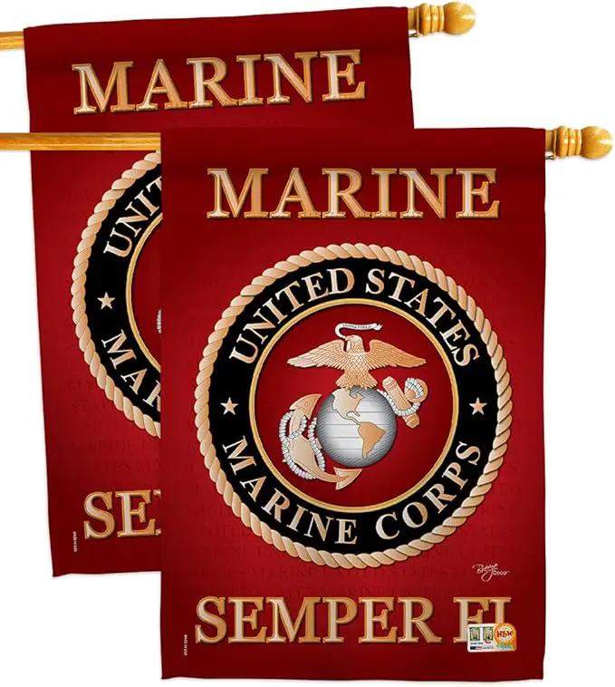 Marine Corps House Flag - 2 pcs Pack Armed Forces USMC Semper Fi United State American Military Veteran Retire Official - Decoration Banner Small Garden Yard Gift Double-Sided Made In USA 28 X 40 by GreenHaven Gardens