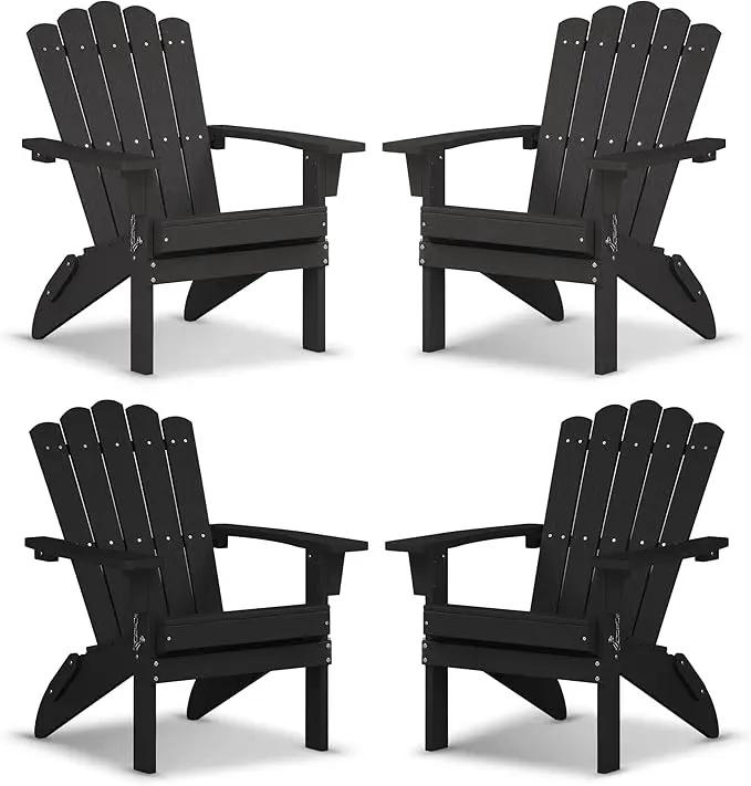 Set of 4 Folding HDPE Adirondack Chairs - Heavy-Duty Weather-Resistant Patio Chairs with Wide Armrests & Ergonomic High Back, Fire Pit Seating for Backyard, Garden, Porch (Black) by GreenHaven Gardens