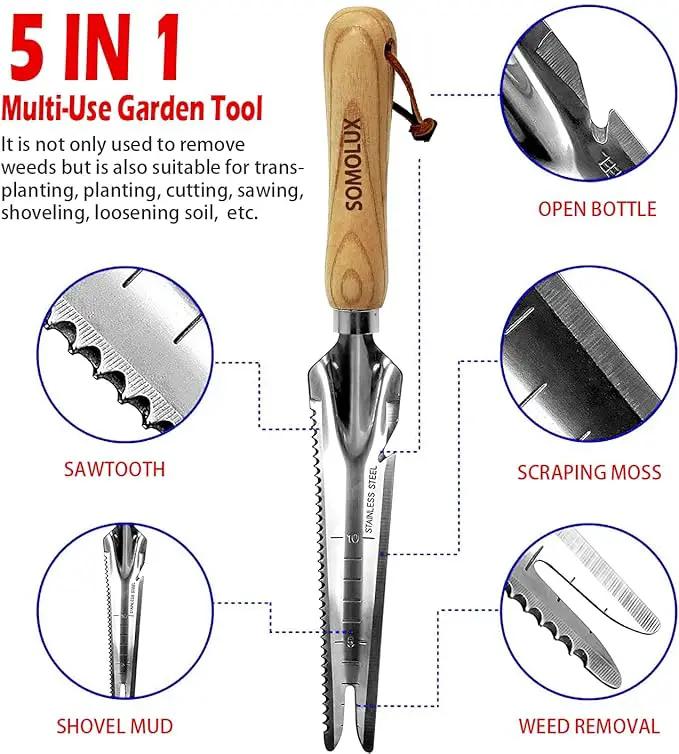 SOMOLUX Gardening Hand Weeder Tool Set, Multifunctional Garden Tools Stainless Steel with Wooden Handle for Garden Lawn Yard Planting Digging Measuring Pruning Cutting 2 Pack by GreenHaven Gardens