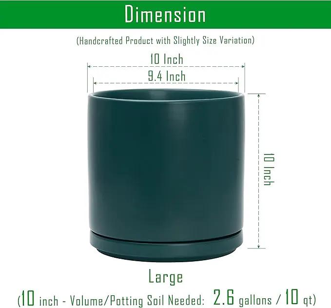 D'vine Dev 10 Inch Ceramic Planter Pot with Drainage Hole and Saucer, Indoor Cylinder Round Planter Pot, Teal, 94-O-E-9 by GreenHaven Gardens