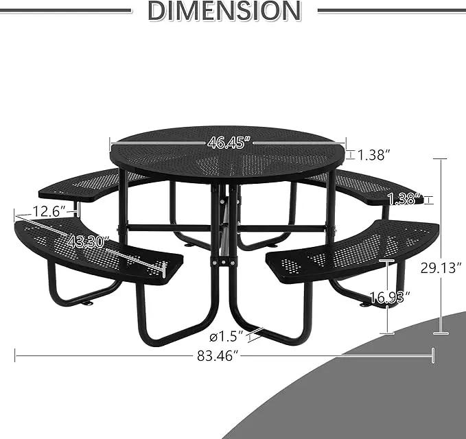 46'' Steel Round Picnic Table for Outdoors, Expanded, Lifetime Picnic Table with Umbrella Hole, Heavy Duty Sturdy Commercial Picnic Tables for Garden Courtyard BBQ, Black by GreenHaven Gardens