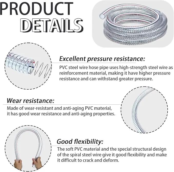 Frienda Heavy Duty Steel Wire Flexible Tubing with Fasteners PVC High Pressure Drain Hose Tube Pond Tubing Clear Wire Reinforced for Pond Bilge Pump Vacuum Suction Hose(10 Ft, 1 Inch Id) by GreenHaven Gardens