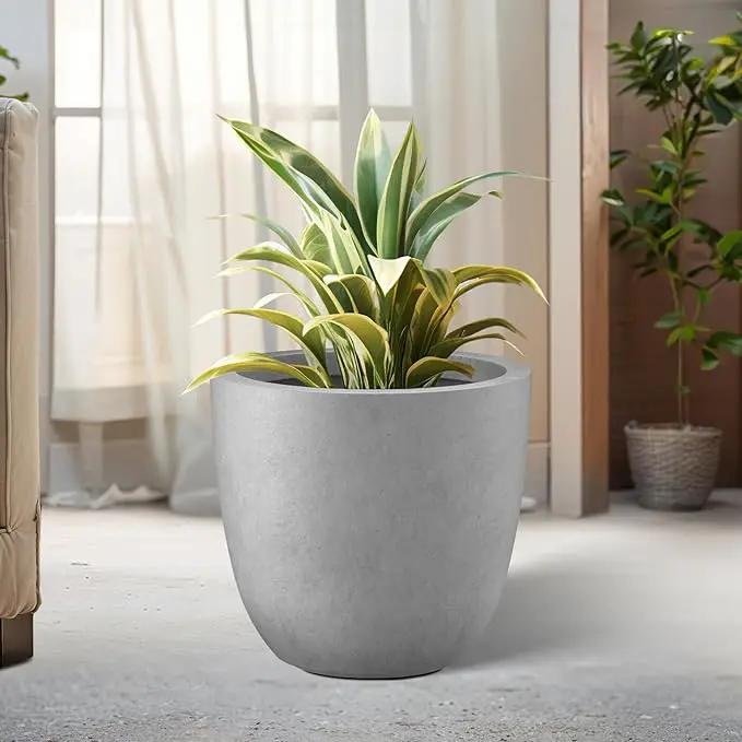Kante 14 Inch Dia Round Concrete Planter, Indoor Outdoor Large Plant Pot with Drainage Hole and Rubber Plug for Home Patio Garden, Gray Concrete by GreenHaven Gardens