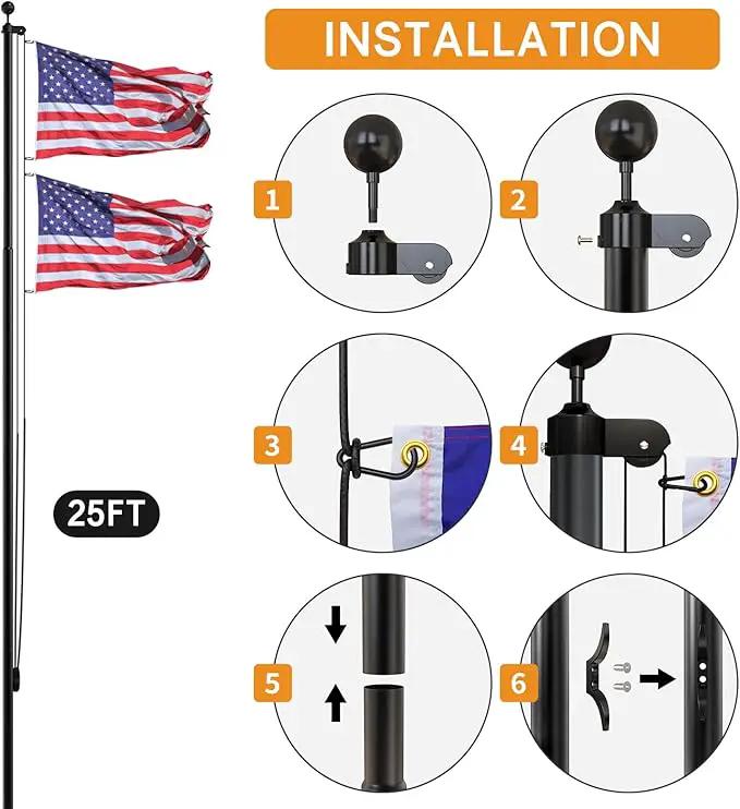 NELXINJO 25FT Sectional Flag Pole Kit, Heavy Duty Aluminum Outdoor In-Ground Flagpole, Black Ball Top, 3x5 USA Flag for Residential commercial Outdoor Garden(25FT, Black) by GreenHaven Gardens