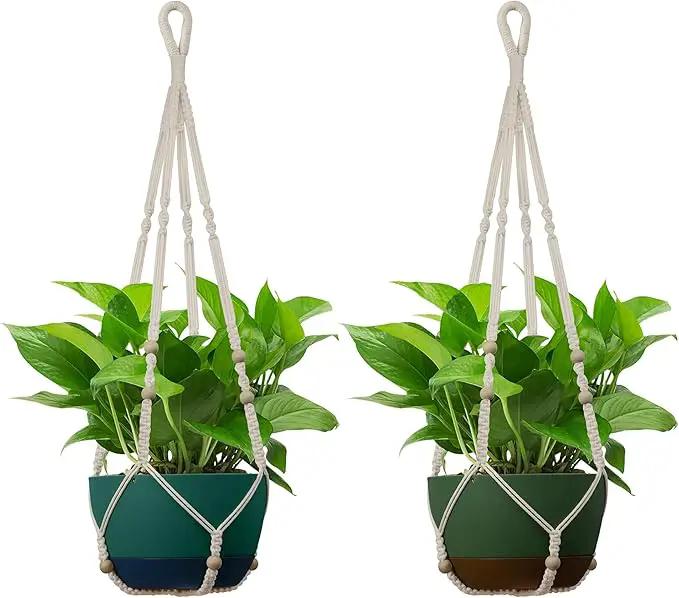 USLAI Macrame Plant Hanger Indoor Outdoor, Up to 4-15 inch Pot, Heavy 20lb Planters, Extra Long Strong Hanging Planter Basket, Boho Home Decor, 35 Inch, Ivory, Set of 2 (POTS NOT Included) by GreenHaven Gardens