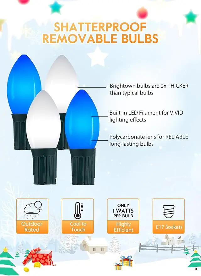 C9 LED Christmas Lights Outdoor, 50 Feet C9 String Lights with 50 Shatterproof Matte Bulbs, Connectable Waterproof Christmas Tree Lights for Holiday Roofline Backyard Garden Decor, Blue & Pure White by GreenHaven Gardens